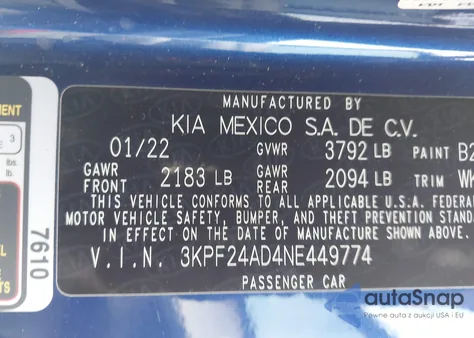 2022 Kia Forte Lxs from USA, damaged, VIN 3KPF24AD4NE449774